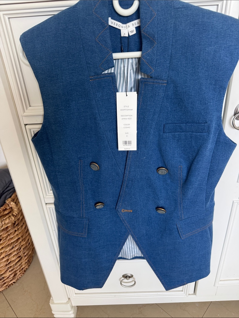 Veronica Beard Denim-Blue Double-Breasted Sleeveless Vest